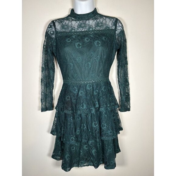 Holiday Green Lace Ruffled Long Sleeve Mini Dress Size XS Christmas Party - Picture 1 of 8